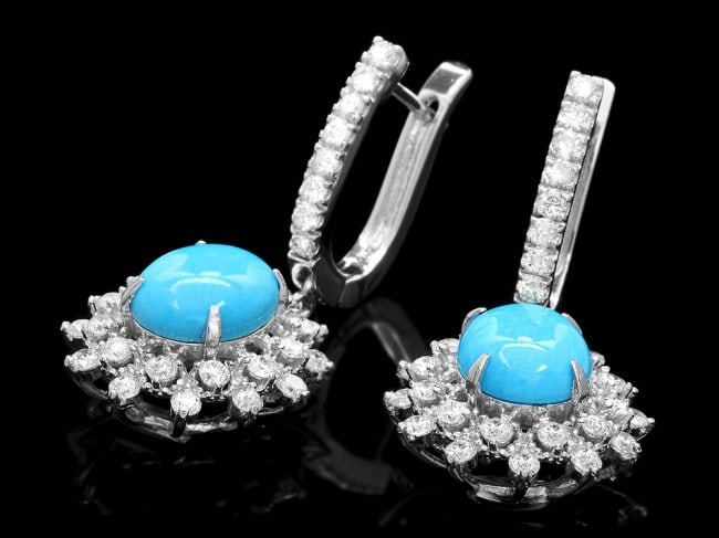 14k Gold 4.00ct Turquoise 1.70ct Diamond Earrings: Retail: $8,300.00 ****** 14k Gold 4.00ct Turquoise 1.70ct Diamond Earrings ****** Metal: 14k Solid White Gold / Total Item Weight: 8.0 grams / Country Made: United States / / Main Stone: Turquoise / C