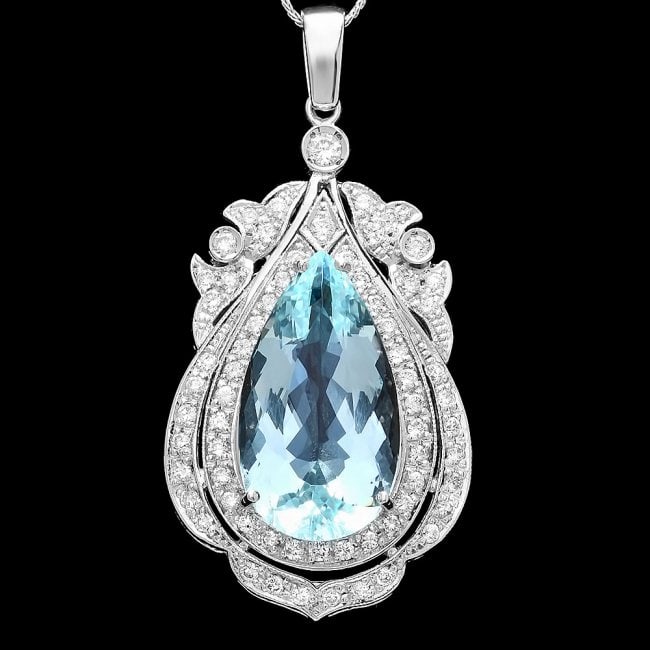 14k Gold 18ct Aquamarine 1.8ct Diamond Pendant: Retail: $21,300.00 ****** 14k Gold 18ct Aquamarine 1.8ct Diamond Pendant ****** Metal: 14k Solid White Gold / Size: 16 / Total Item Weight: 14.5 grams / Country Made: United States / / Main Stone: Aqu