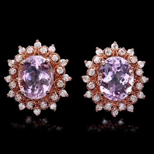 14k Rose 9.00ct Kunzite 1.20ct Diamond Earrings: Retail: $10,700.00 ****** 14k Rose 9.00ct Kunzite 1.20ct Diamond Earrings ****** Metal: 14k Solid Rose Gold / Total Item Weight: 7.0 grams / Country Made: United States / / Main Stone: Kunzite / Color