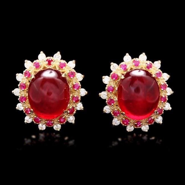 14k Gold 17.65ct Ruby 0.80ct Diamond Earrings: Retail: $6,300.00 ****** 14k Gold 17.65ct Ruby 0.80ct Diamond Earrings ****** Metal: 14k Solid Yellow Gold / Total Item Weight: 9.0 grams / Country Made: United States / / Main Stone: Ruby / Color: Re