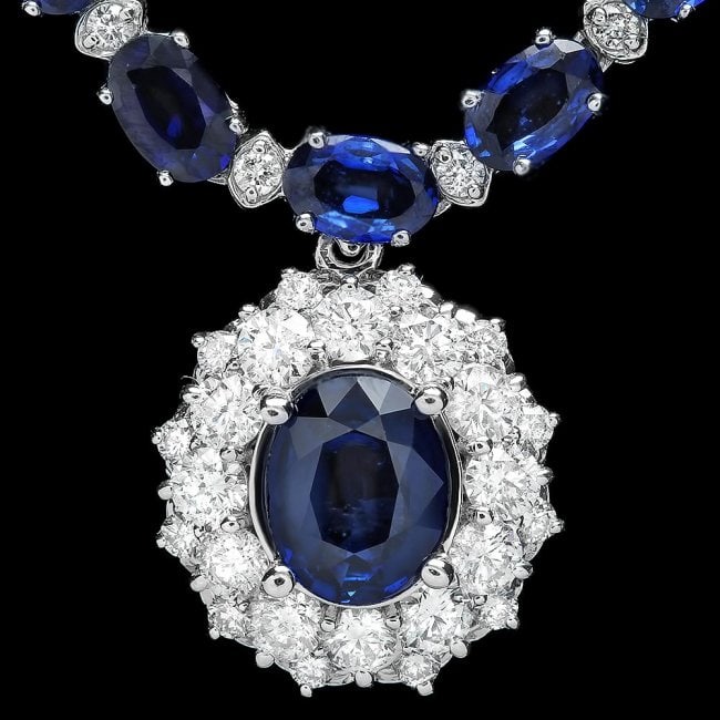 14k Gold 28ct Sapphire 3.35ct Diamond Necklace: Retail: $31,600.00 ****** 14k Gold 28ct Sapphire 3.35ct Diamond Necklace ****** Metal: 14k Solid White Gold / Size: 17 / Total Item Weight: 23.0 grams / Country Made: United States / / Main Stone: Sap