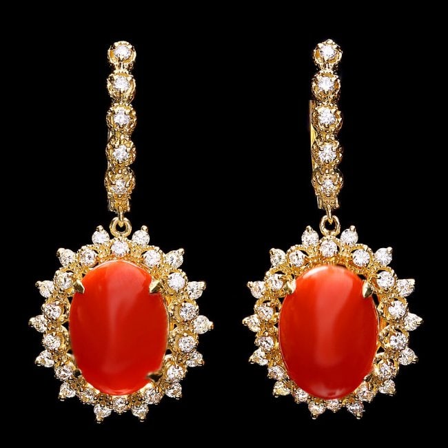 14k Gold 9.50ct Coral 1.60ct Diamond Earrings: Retail: $14,300.00 ****** 14k Gold 9.50ct Coral 1.60ct Diamond Earrings ****** Metal: 14k Solid Yellow Gold / Total Item Weight: 10.0 grams / Country Made: United States / / Main Stone: Coral / Color: