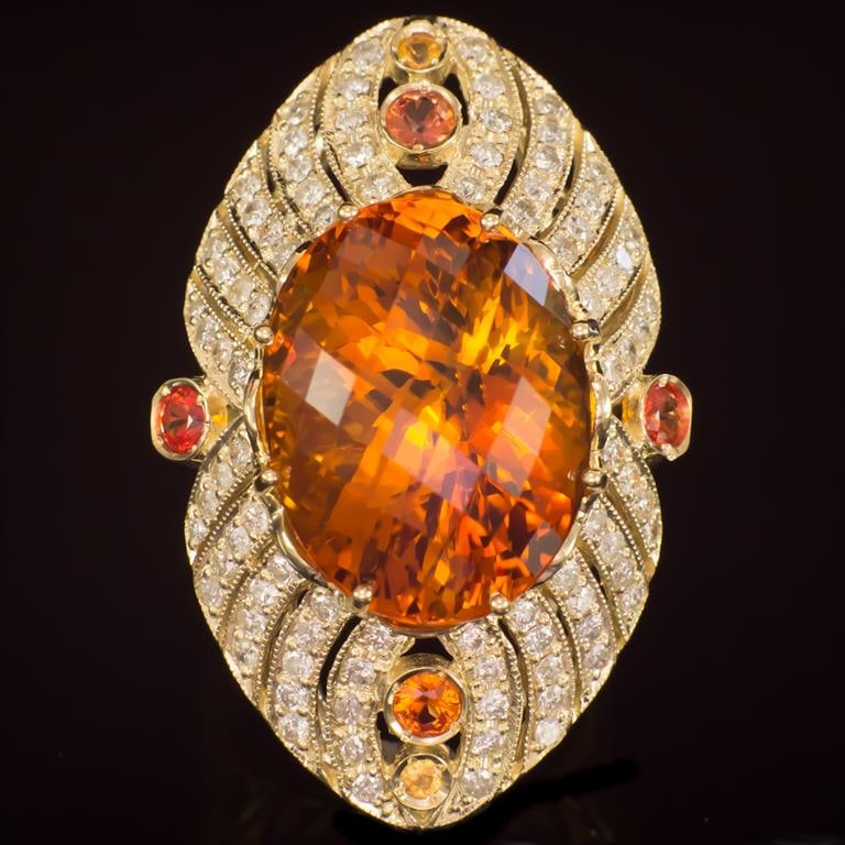 14K Gold 25.15ct Citrine, 0.71ct Fancy Color Sapphire 1.74ct Diamond Ring: Retail: $15,260.00****** Citrine, Fancy Color Sapphire & Diamond Ring ****** Metal: 14K Solid Yellow Gold / Total Item Weight: 18.0 grams / Country Made: United States / / Main Stone: Citrine / Color: