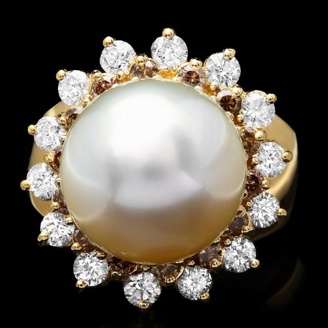 14k Yellow Gold 13mm Pearl 1.6ct Diamond Ring (1 of 4)
