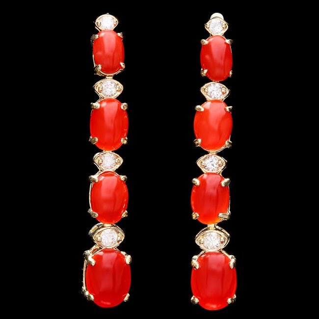 14k Gold 4.00ct Coral 0.35ct Diamond Earrings: Retail: $4,500.00 ****** 14k Gold 4.00ct Coral 0.35ct Diamond Earrings ****** Metal: 14k Solid Yellow Gold / Total Item Weight: 4.0 grams / Country Made: United States / / Main Stone: Coral / Color: O