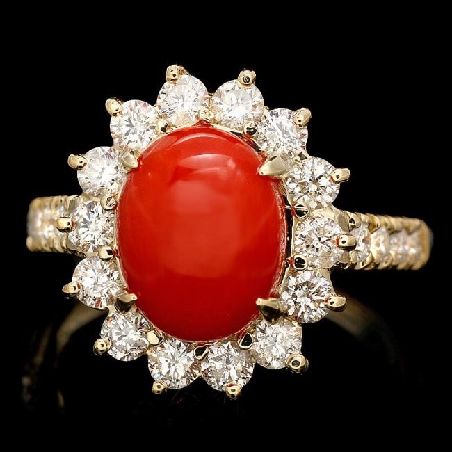 14k Yellow Gold 2.50ct Coral 1.20ct Diamond Ring: Retail: $8,950.00 ****** 14k Yellow Gold 2.50ct Coral 1.20ct Diamond Ring ****** Metal: 14k Solid Yellow Gold / Size: 7 / Total Item Weight: 5.5 grams / Country Made: United States / / Main Stone: Cor