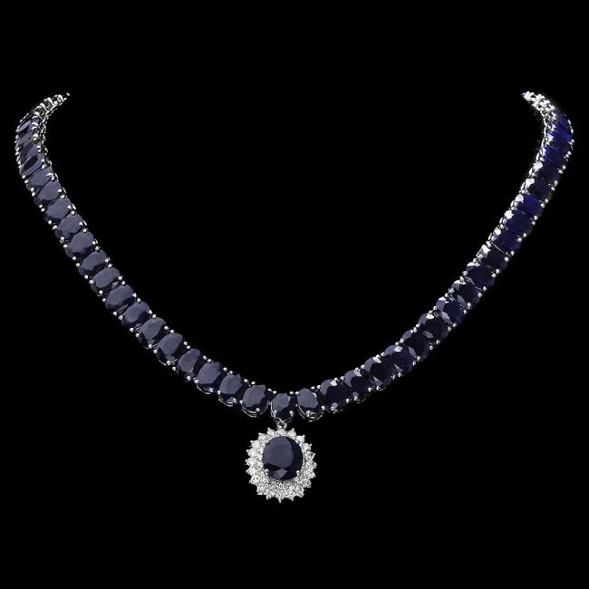 14k Gold 105ct Sapphire 1.50ct Diamond Necklace: Retail: $35,200.00 ****** 14k Gold 105ct Sapphire 1.50ct Diamond Necklace ****** Metal: 14k Solid White Gold / Size: 17 / Total Item Weight: 51.0 grams / Country Made: United States / / Main Stone: Sa