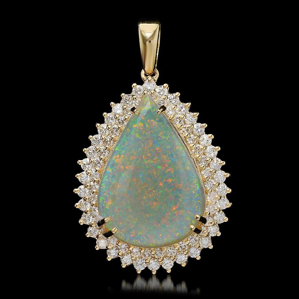 14K Gold 11.86ct Opal 2.35ct Diamond Pendant: Retail: $18,410.00****** 14K Gold Opal & Diamond Pendant ****** Metal: 14K Solid Gold / Total Item Weight: 12.8 grams / Country Made: United States / / Main Stone: Opal / Color: Play of Color / Carat