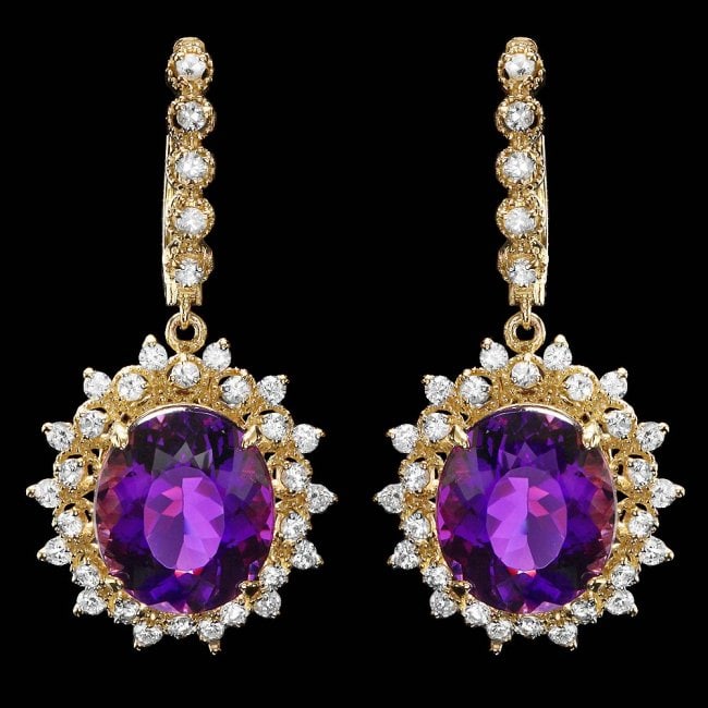 14k Gold 15.00ct Amethyst 2.00ct Diamond Earrings: Retail: $9,300.00 ****** 14k Gold 15.00ct Amethyst 2.00ct Diamond Earrings ****** Metal: 14k Solid Yellow Gold / Total Item Weight: 12.0 grams / Country Made: United States / / Main Stone: Amethyst /