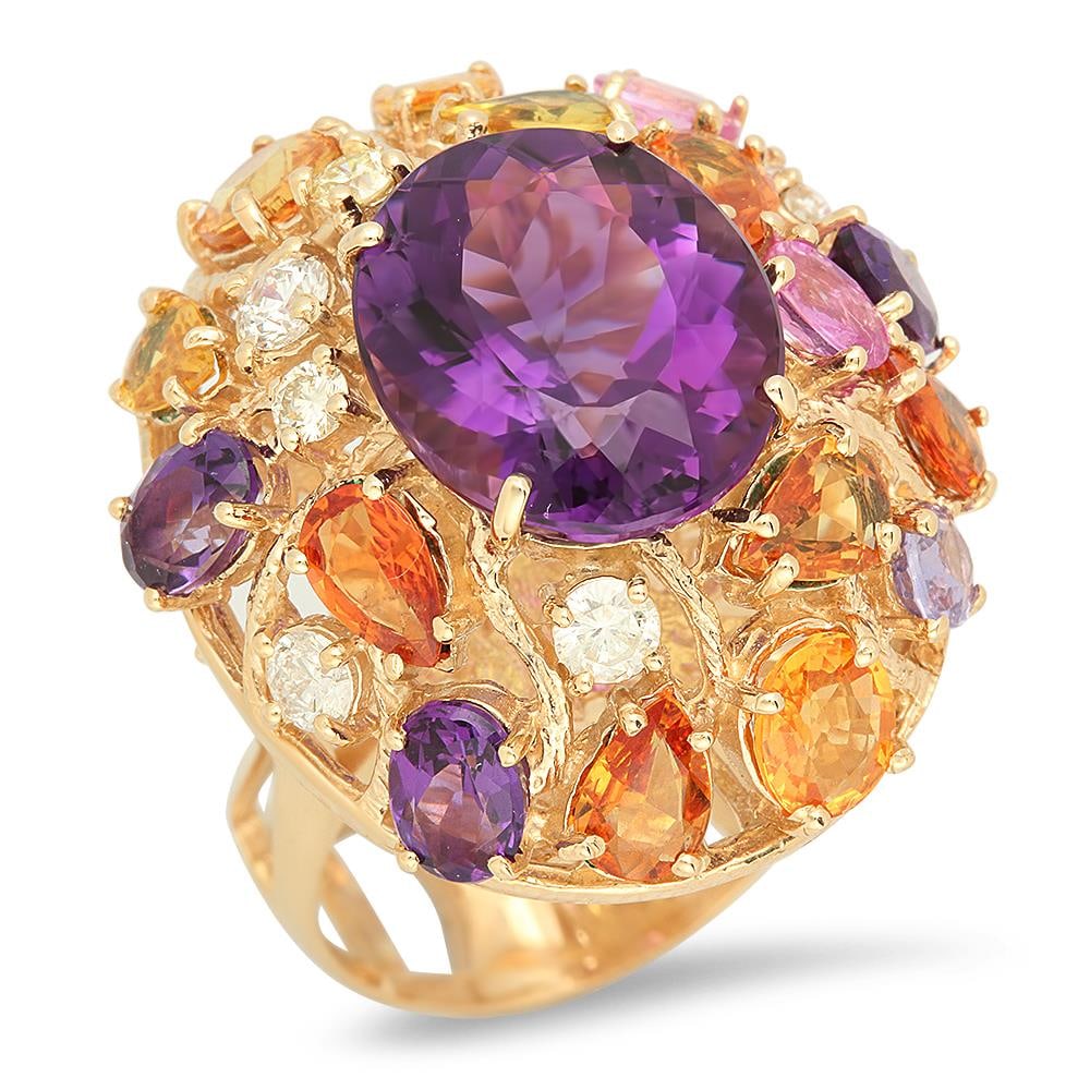 14K Gold 8.26ct Amethyst 6.46ct Sapphire 0.7cts Diamond Ring: Retail: $9,582.00 ****** 14K Gold 8.26ct Amethyst 6.46ct Sapphire 0.7cts Diamond Ring ****** Metal: 14K Solid Gold Yellow / Total Item Weight: 15.4 grams / Country Made: United States / / Main Stone: