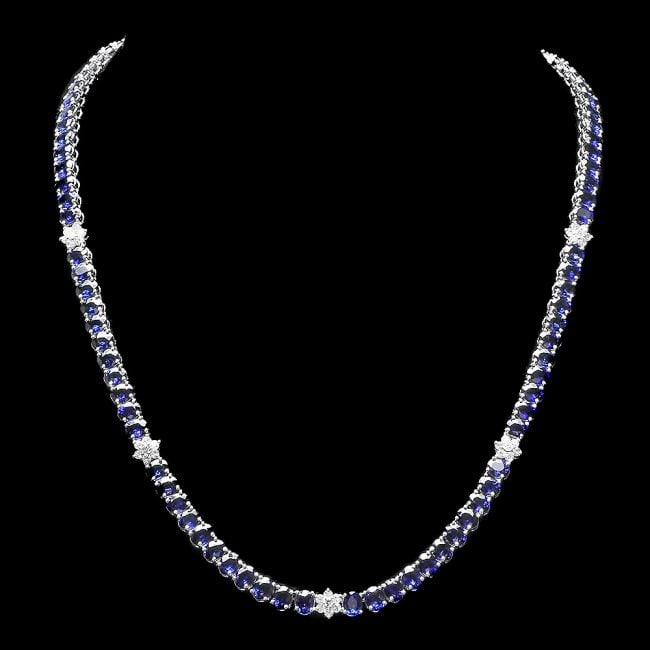 14k Gold 40.00ct Sapphire 1.30ct Diamond Necklace: Retail: $24,800.00 ****** 14k Gold 40.00ct Sapphire 1.30ct Diamond Necklace ****** Metal: 14k Solid White Gold / Size: 17.5 / Total Item Weight: 28.5 grams / Country Made: United States / / Main