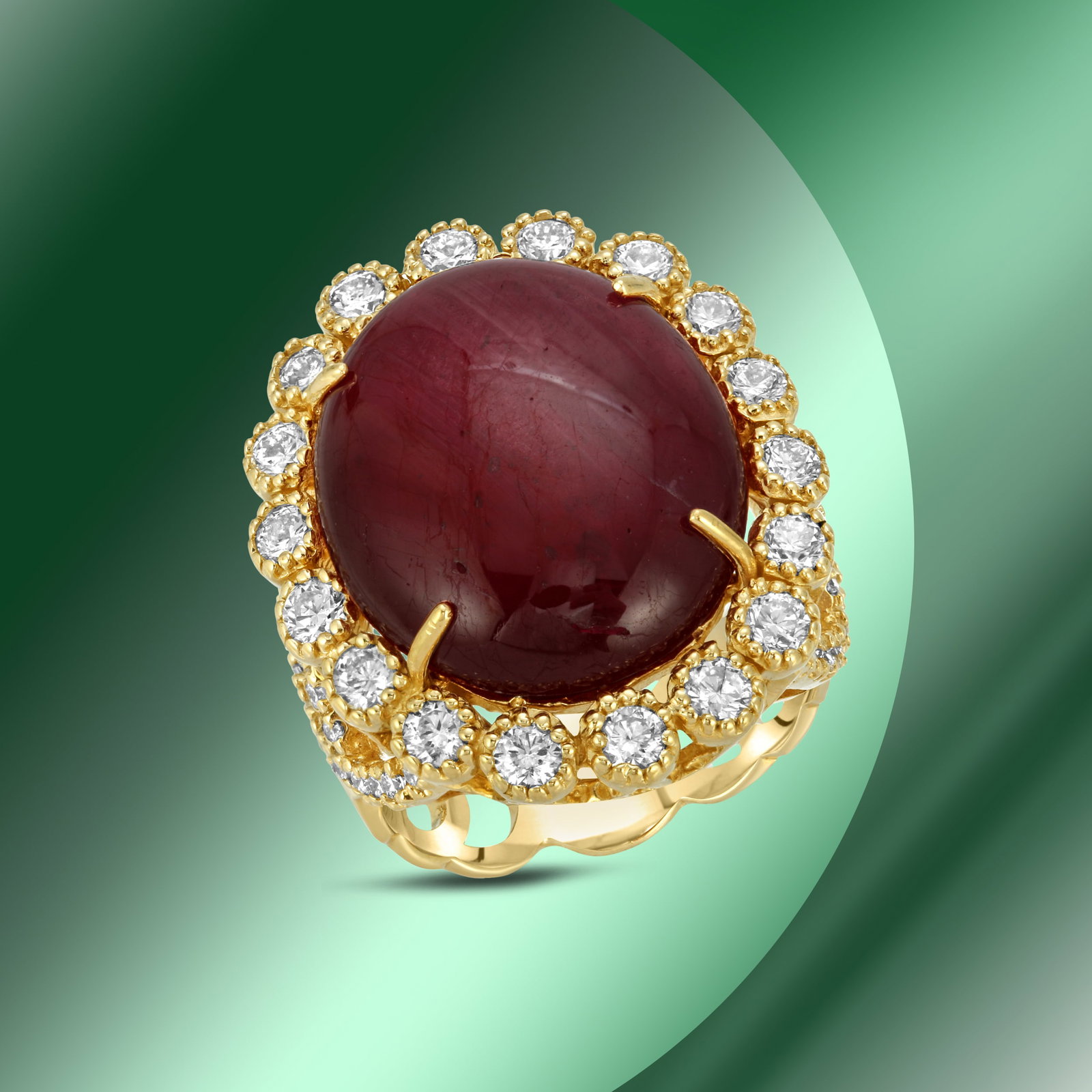 14K Gold 20.50cts Ruby & 1.79cts Diamond Ring: Retail: $12,960***** 14K Gold 20.50cts Ruby & 1.79cts Diamond Ring****** Metal: 14K Yellow Gold/ Total Wt.: 12.6g/ Country Made USA// Main Stone: Ruby/ Carat Total Wt: 20.50cts / Treatment: Fracture F