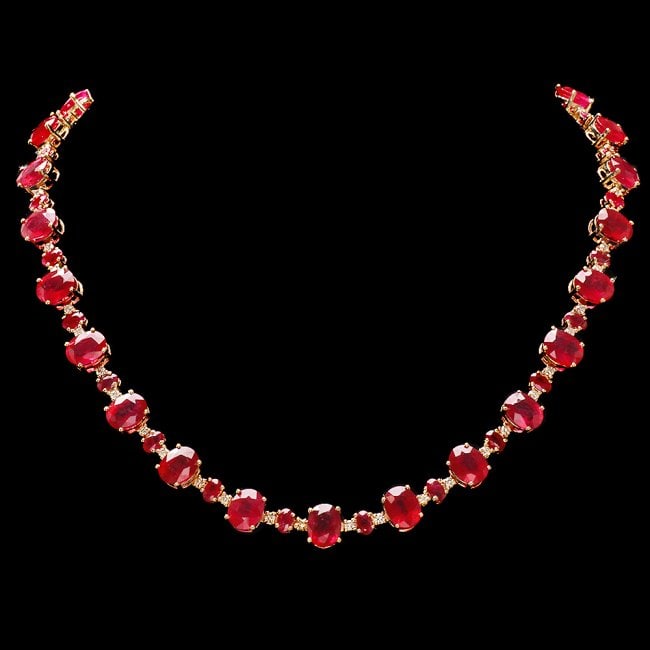 14k Gold 66.5ct Ruby 2.00ct Diamond Necklace: Retail: $32,800.00 ****** 14k Gold 66.5ct Ruby 2.00ct Diamond Necklace ****** Metal: 14k Solid Yellow Gold / Size: 17 / Total Item Weight: 42.0 grams / Country Made: United States / / Main Stone: Ruby