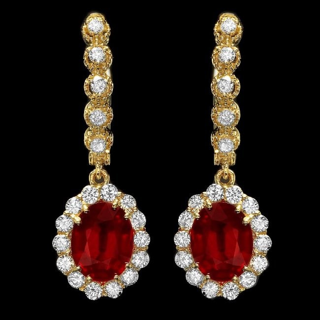 14k Gold 5.18ct Ruby 1.29ct Diamond Earrings: Retail: $7,200.00 ****** 14k Gold 5.18ct Ruby 1.29ct Diamond Earrings ****** Metal: 14k Solid Yellow Gold / Total Item Weight: 5.6 grams / Country Made: United States / / Main Stone: Ruby / Color: Red