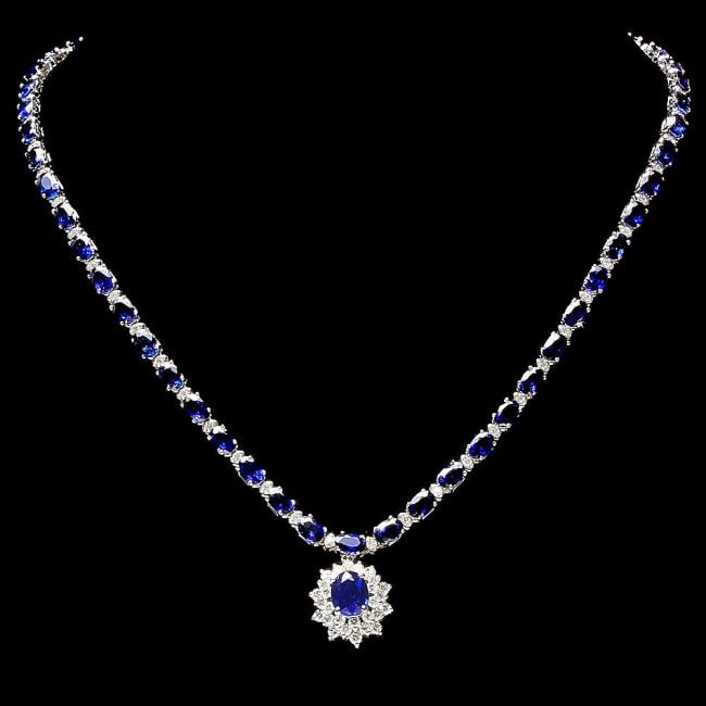 14k Gold 29ct Sapphire 2.80ct Diamond Necklace: Retail: $24,700.00 ****** 14k Gold 29ct Sapphire 2.80ct Diamond Necklace ****** Metal: 14k Solid White Gold / Size: 17 / Total Item Weight: 23.0 grams / Country Made: United States / / Main Stone: Sap