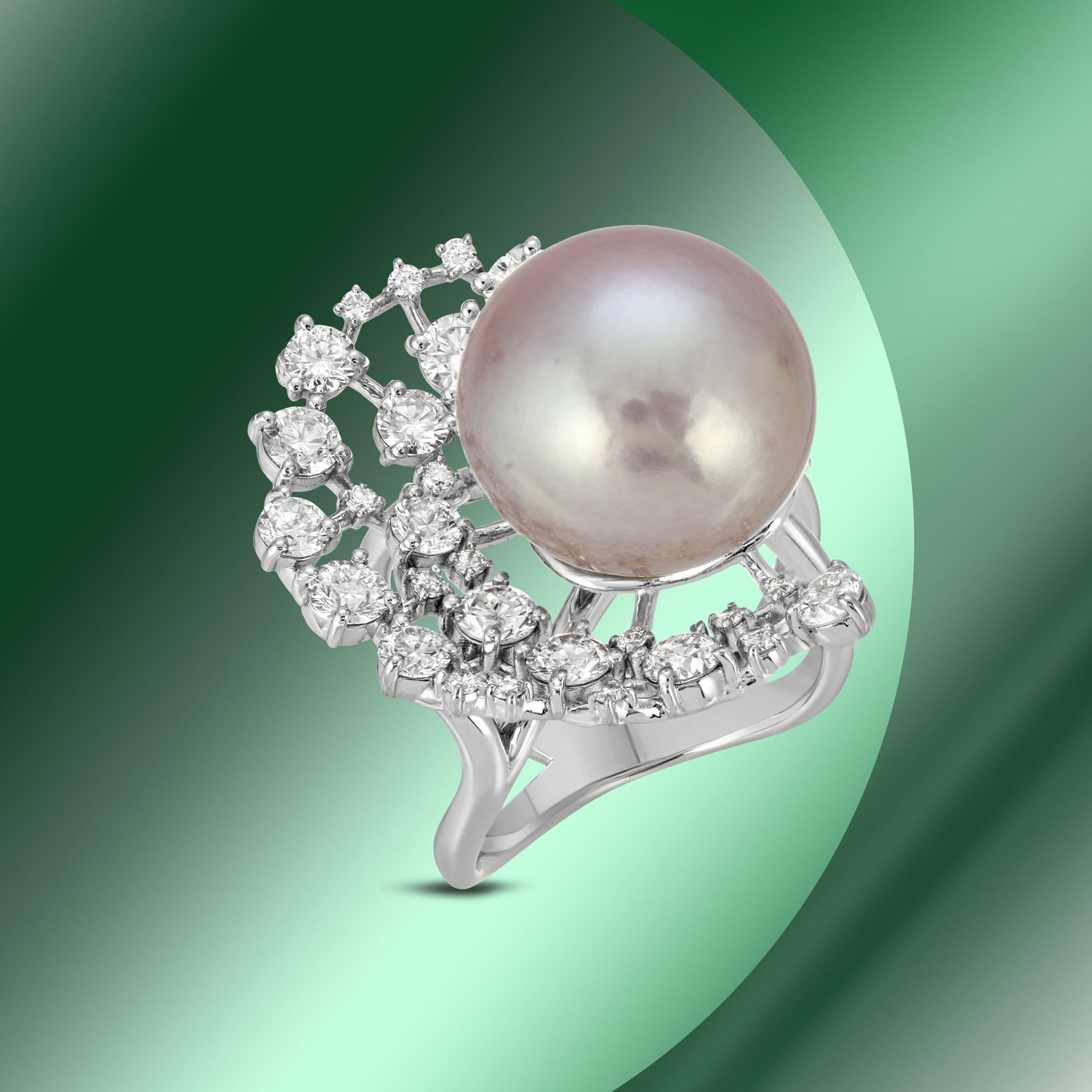 14K Gold 15mm South Sea Pearl & 2.35cts Diamond Ring: Retail: $14,527***** 14K Gold 15mm South Sea Pearl & 2.35cts Diamond Ring****** Metal: 14K White Gold/ Total Wt.: 12.9g/ Country Made USA// Main Stone: Sea Pearl/ Diameter: 15mm / Treatment: None/ Col
