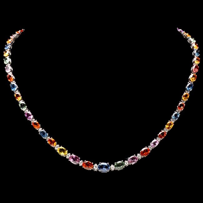 14k Gold 31ct Sapphire 1.20ct Diamond Necklace: Retail: $21,650.00 ****** 14k Gold 31ct Sapphire 1.20ct Diamond Necklace ****** Metal: 14k Solid White Gold / Size: 17 / Total Item Weight: 21.0 grams / Country Made: United States / / Main Stone: Sap