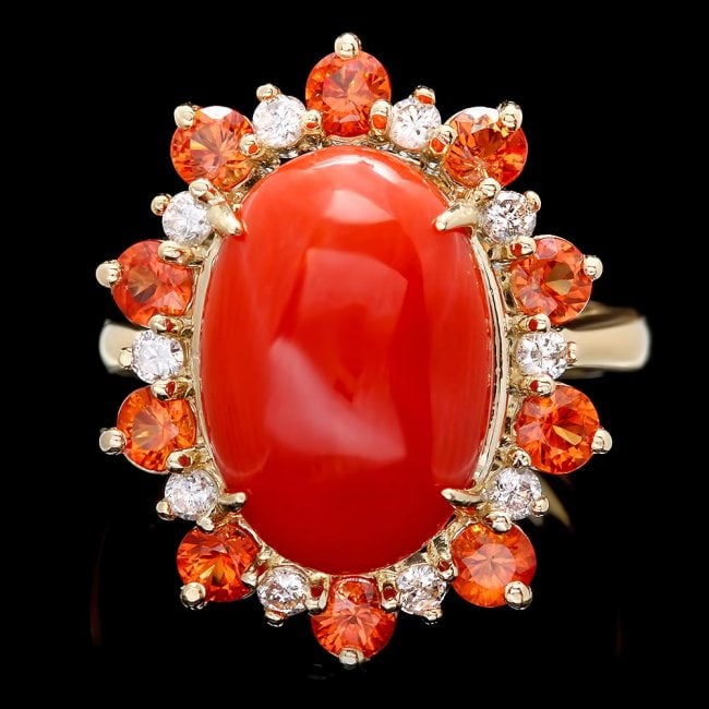 14k Yellow Gold 6.50ct Coral 0.40ct Diamond Ring: Retail: $7,900.00 ****** 14k Yellow Gold 6.50ct Coral 0.40ct Diamond Ring ****** Metal: 14k Solid Yellow Gold / Size: 7.5 / Total Item Weight: 8.0 grams / Country Made: United States / / Main Stone: C