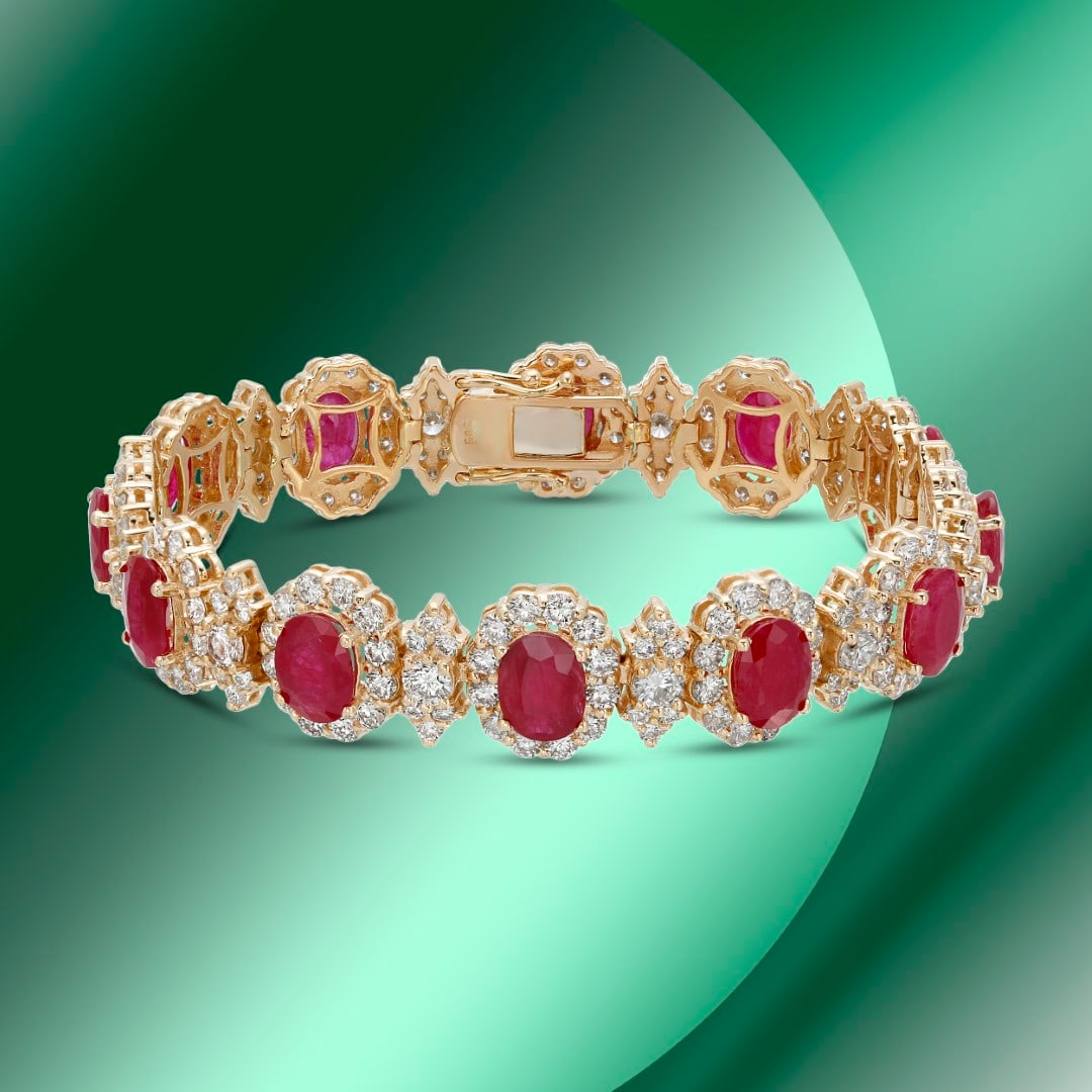 14K Gold 17.44cts Ruby & 11.96cts Diamond Bracelet: Retail: $96,108***** 14K Gold 17.44cts Ruby & 11.96cts Diamond Bracelet****** Metal: 14K Yellow Gold/ Total Wt.: 28.3g/ Country Made USA// Main Stone: Ruby / Carat Total Wt: 17.44cts / Treatment: None