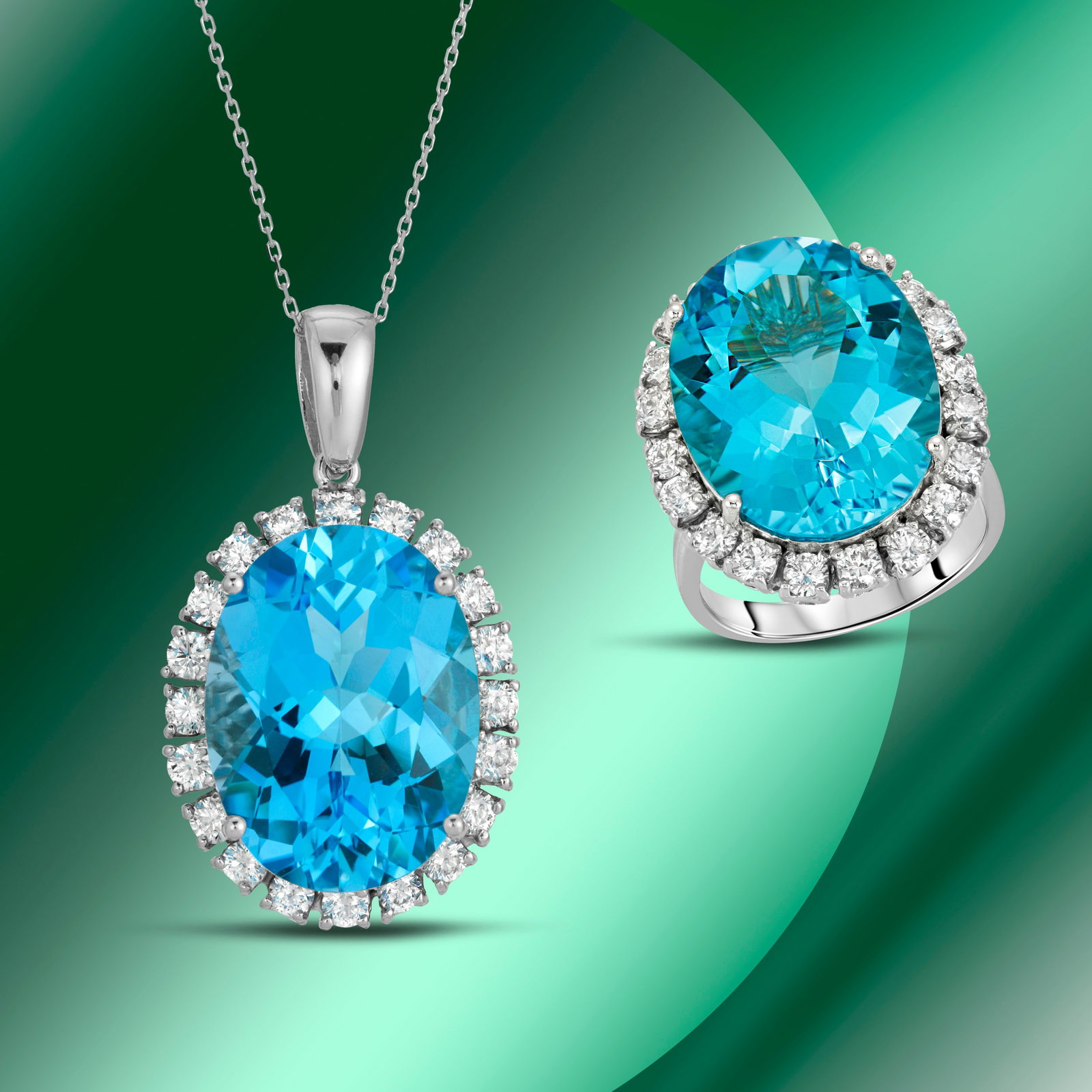 14K Gold Blue Topaz & Diamond Ring and Pendant Set: Retail: $20,965*****14K Gold Blue Topaz & Diamond Ring and Pendant Set*****Metal: 14K White Gold/ Total Wt.: 21.3g/ Country Made US// Main Stone: Topaz / Carat Total Wt.: 40.57cts / Treatment: Color E