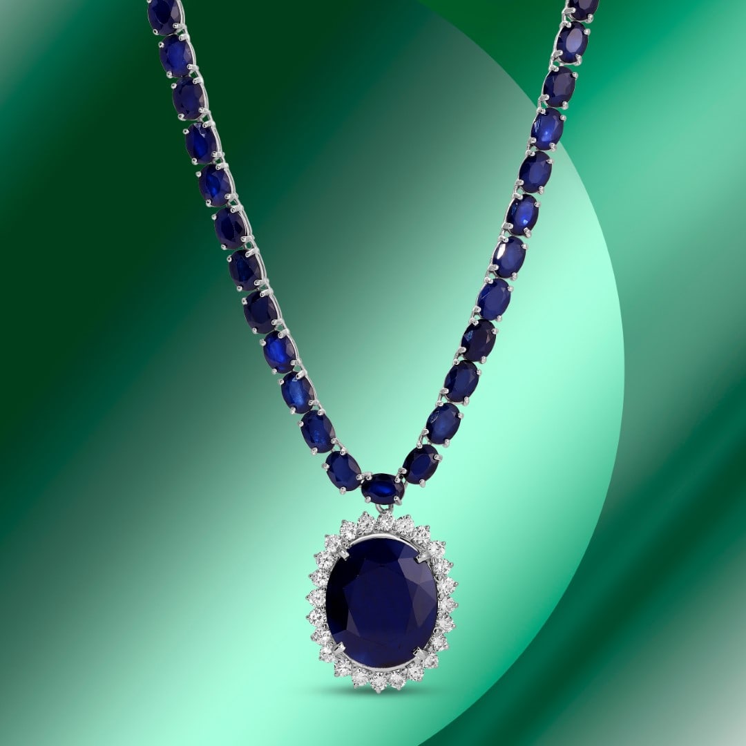 14K Gold 102.27cts Sapphire & 2.75cts Diamond Necklace: Retail: $65,320*****14K White Gold Sapphire & Diamond Ring*****Metal: 14K White Gold/ Total Wt.: 48.0g / Country Made US// Main Stone: 61 Natural Sapphires / Total Sapphire Weight: 102.27cts / Cut: Ov