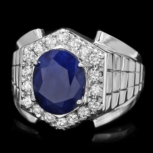 14k Gold 4ct Sapphire 0.70ct Diamond Mens Ring (1 of 5)