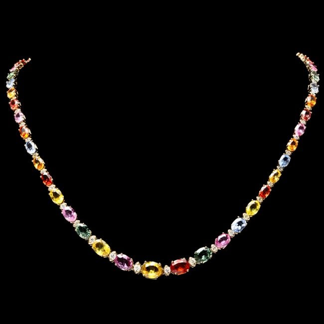 14k Gold 33.00ct Sapphire 1.70ct Diamond Necklace: Retail: $24,200.00 ****** 14k Gold 33.00ct Sapphire 1.70ct Diamond Necklace ****** Metal: 14k Solid Yellow Gold / Size: 16.5 / Total Item Weight: 22.0 grams / Country Made: United States / / Main Ston