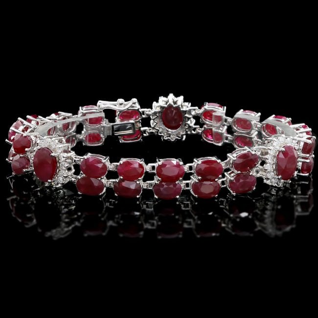 14k White Gold 43ct Ruby 1.65ct Diamond Bracelet: Retail: $24,300.00 ****** 14k White Gold 43ct Ruby 1.65ct Diamond Bracelet ****** Metal: 14k Solid White Gold / Size: 7.5 / Total Item Weight: 28.5 grams / Country Made: United States / / Main Stone: