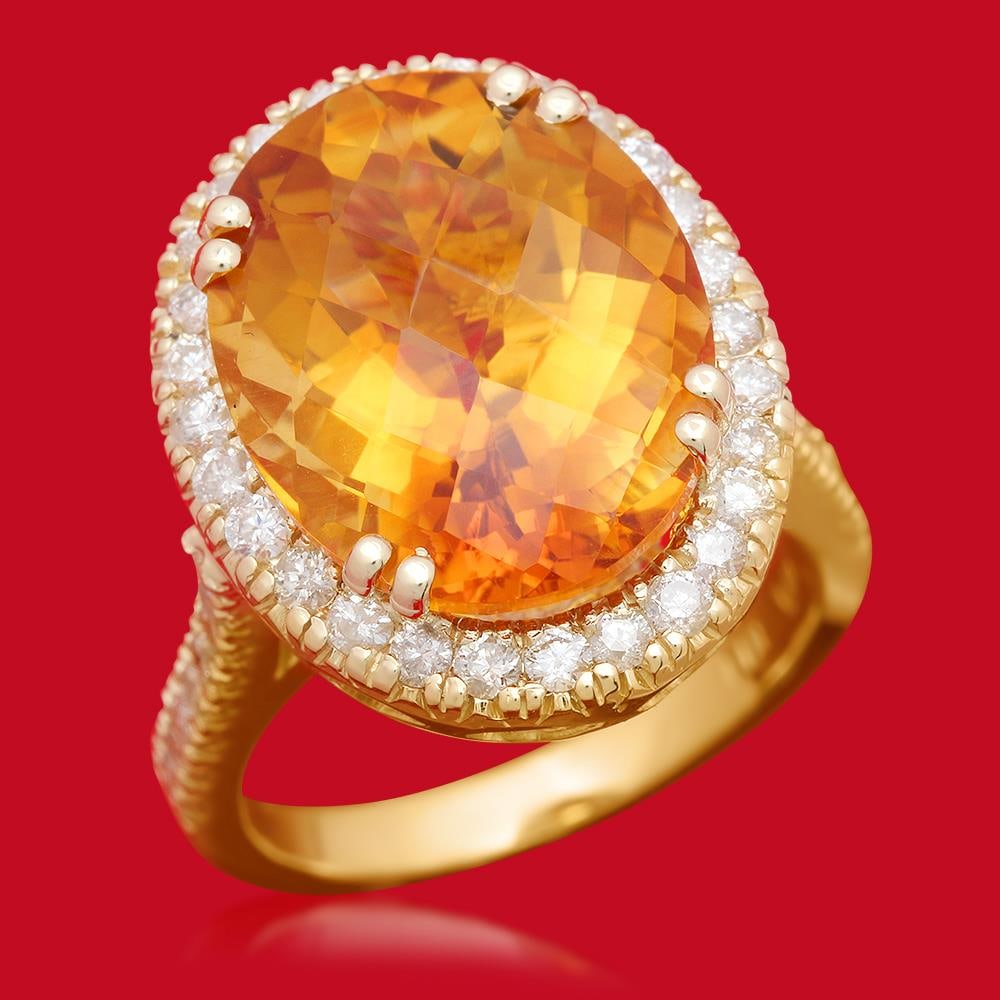 14K Gold 10.11ct Citrine 0.95ct Diamond Ring: Retail: $6,400.00 ******14K Gold 10.11ct Citrine 0.95ct Diamond Ring ****** Metal: 14K Solid Gold / Total Item Weight: 9.0 grams / Country Made: United States / / Main Stone: Citrine / Color: Orange /