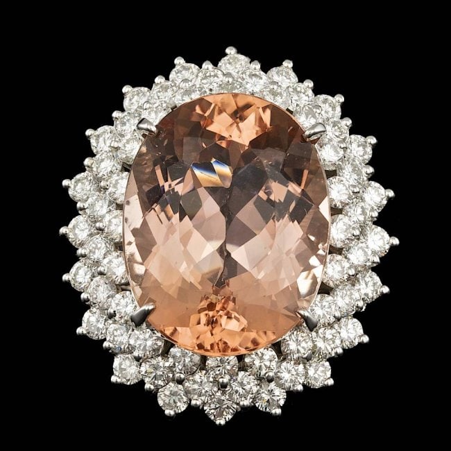 14k Gold 21.00ct Morganite 4.00ct Diamond Ring: Retail: $37,800.00 ****** 14k Gold 21.00ct Morganite 4.00ct Diamond Ring ****** Metal: 14k Solid White Gold / Size: 7.5 / Total Item Weight: 18.0 grams / Country Made: United States / / Main Stone: Mo