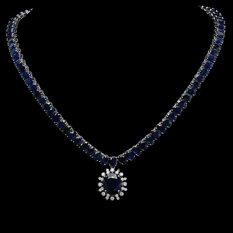 14K Gold 92.04ct Sapphire & 0.92ct Diamond Necklace: Retail: $38,140.00******14K Gold Sapphire & Diamond Necklace****** Metal: 14K Solid White Gold / Total Item Weight: 48.2 grams/ Country Made: United States / / Main Stone: Sapphire / Color: Dark Blue