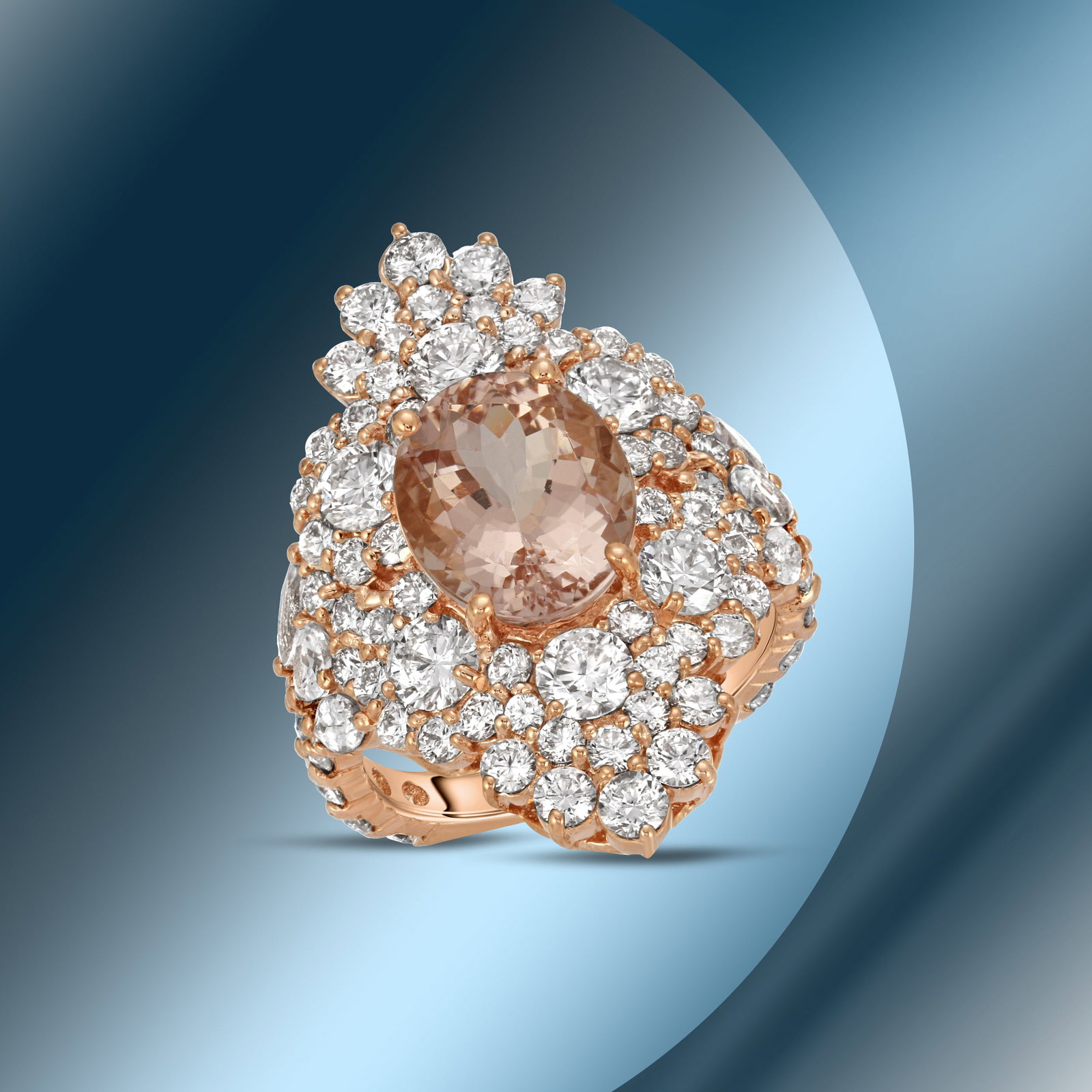 14K Gold 3.88cts Morganite, 0.85cts Sapphire & 4.51cts Diamond Ring: Retail: $15,250***** 14K Gold 3.88cts Morganite, 0.85cts Sapphire & 4.51cts Diamond Ring****** Metal: 14K Rose Gold/ Total Wt.: 9.3g/ Country Made USA// Main Stone: Morganite/ Carat Total Wt: 3.88cts