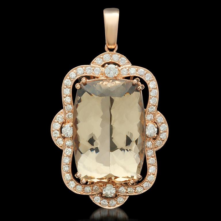 14K Gold 33.52ct Morganite 1.95ct Diamond Pendant: Retail: $20,445.00 ****** 14K Gold Morganite & Diamond Pendant ****** Metal: 14K Solid Rose Gold / Total Item Weight: 17.0 / Country Made: United States / / Main Stone: Morganite / Color: Light Yellow
