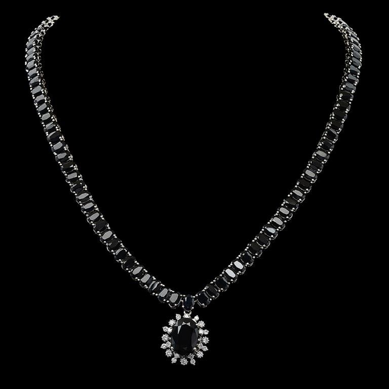 14K Gold 66.92ct Sapphire 0.90ct Diamond Necklace: Retail: $35,360.00****** 14K Gold Sapphire & Diamond Necklace ****** Metal: 14K Solid White Gold / Total Item Weight: 38.3 grams / Country Made: United States / / Main Stone: Sapphire/ Color: Very Dar