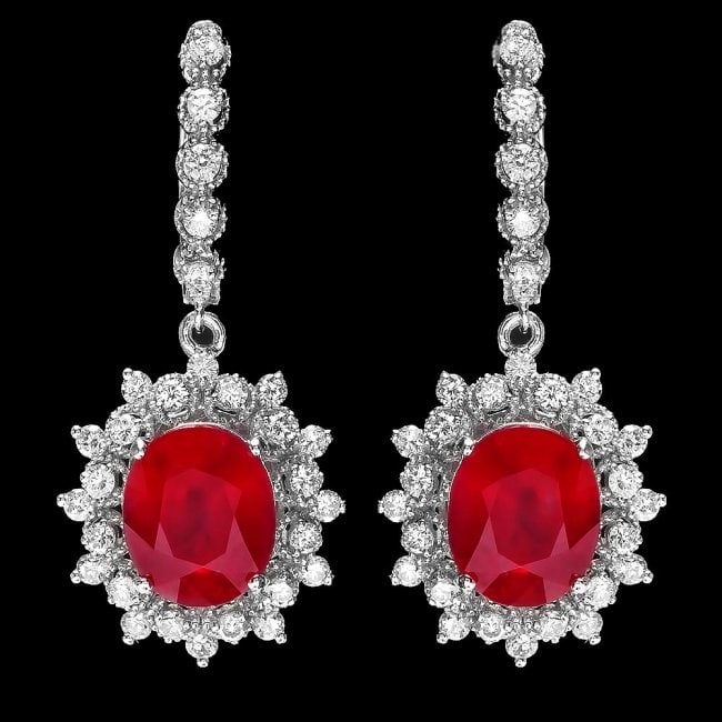 14k Gold 11.30ct Ruby 1.80ct Diamond Earrings: Retail: $9,800.00 ****** 14k Gold 11.30ct Ruby 1.80ct Diamond Earrings ****** Metal: 14k Solid White Gold / Total Item Weight: 9.8 grams / Country Made: United States / / Main Stone: Ruby / Color: Red