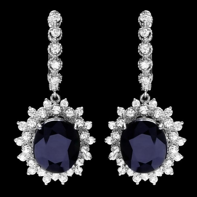 14k Gold 14.8ct Sapphire 2ct Diamond Earrings: Retail: $9,200.00 ****** 14k Gold 14.8ct Sapphire 2ct Diamond Earrings ****** Metal: 14k Solid White Gold / Total Item Weight: 10.5 grams / Country Made: United States / / Main Stone: Sapphire / Color