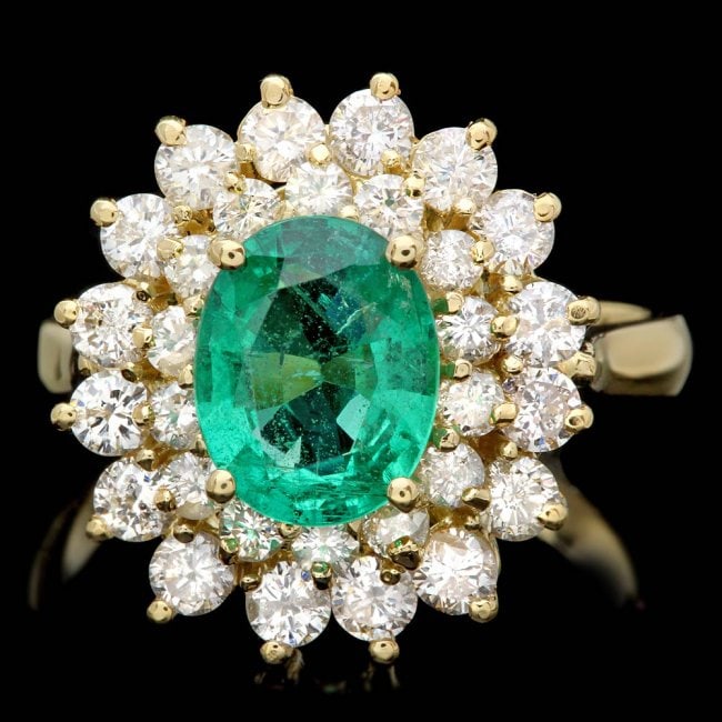18k Gold 1.75ct Emerald 1.50ct Diamond Ring: Retail: $16,750.00 ****** 18k Gold 1.75ct Emerald 1.50ct Diamond Ring ****** Metal: 18k Solid Yellow Gold / Size: 7.25 / Total Item Weight: 6.5 grams / Country Made: United States / / Main Stone: Emer