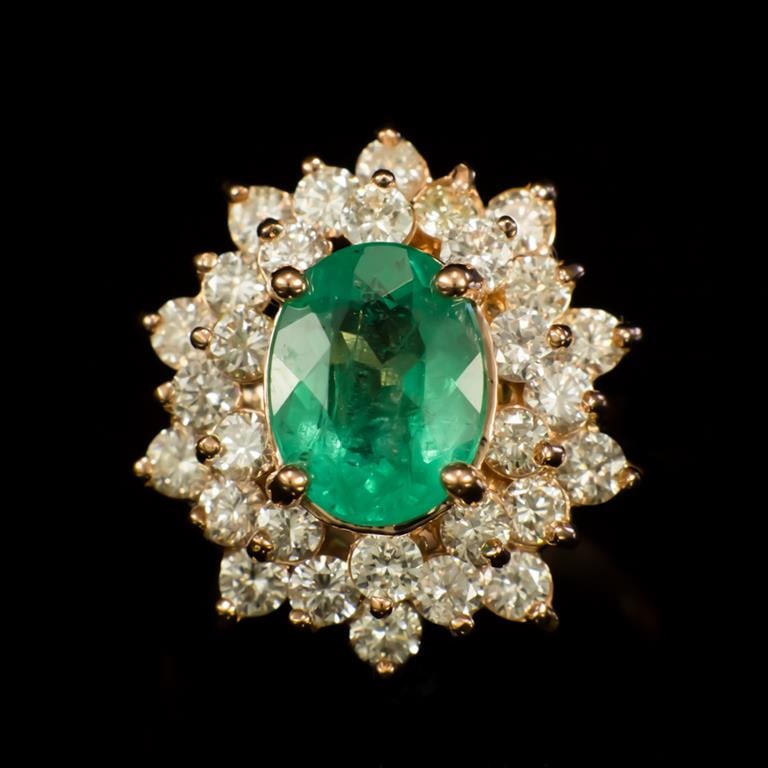 14K Gold 2.10ct Emerald 1.67ct Diamond Ring: Retail: $13,835.00 ****** 14K Gold Emerald & Diamond Ring ****** Metal: 14K Solid Rose Gold / Total Item Weight: 6.2 grams / Country Made: United States / / Main Stone: Emerald / Color: Green / Carat