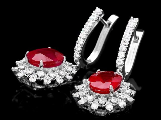 14k White Gold 7.6ct Ruby 1.70ct Diamond Earrings: Retail: $8,600.00 ****** 14k White Gold 7.6ct Ruby 1.70ct Diamond Earrings ****** Metal: 14k Solid White Gold / Total Item Weight: 8.5 grams / Country Made: United States / / Main Stone: Ruby / Color: