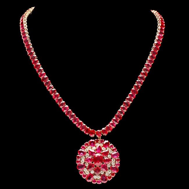 14k Gold 89.15ct Ruby 1.75ct Diamond Pendant: Retail: $38,500.00 ****** 14k Gold 89.15ct Ruby 1.75ct Diamond Pendant ****** Metal: 14k Solid Yellow Gold / Size: 17 / Total Item Weight: 45.0 grams / Country Made: United States / / Main Stone: Ruby