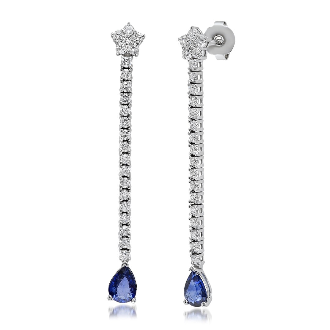 14K Solid White Gold,1.27cts Sapphire & 1.18cts Diamond Earrings: Retail: $4,470****** 14K Solid White Gold,1.27cts. Sapphire & 1.18cts.Diamond Earrings******* Metal: 14K Solid White Gold/ Total Wt.: 3.6g/ Country Made USA/ Main Stone: Sapphire/ Adjacent Stone: Diam