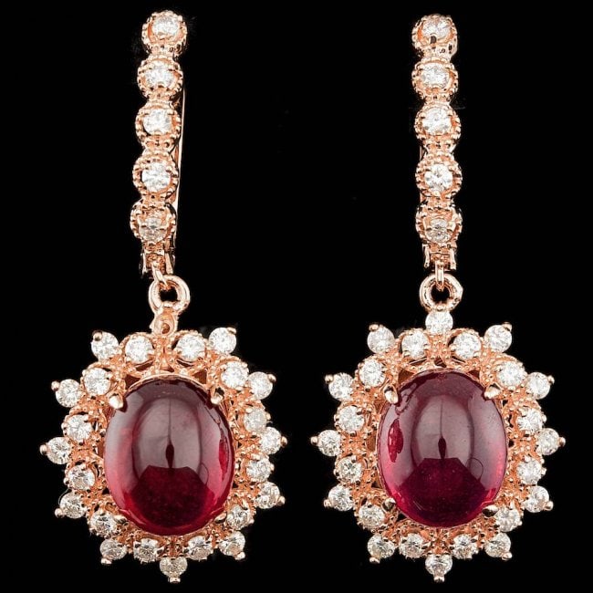 14k Rose 14.00ct Ruby 1.65ct Diamond Earrings: Retail: $14,400.00 ****** 14k Rose 14.00ct Ruby 1.65ct Diamond Earrings ****** Metal: 14k Solid Rose Gold / Total Item Weight: 11.0 grams / Country Made: United States / / Main Stone: Ruby / Color: Re