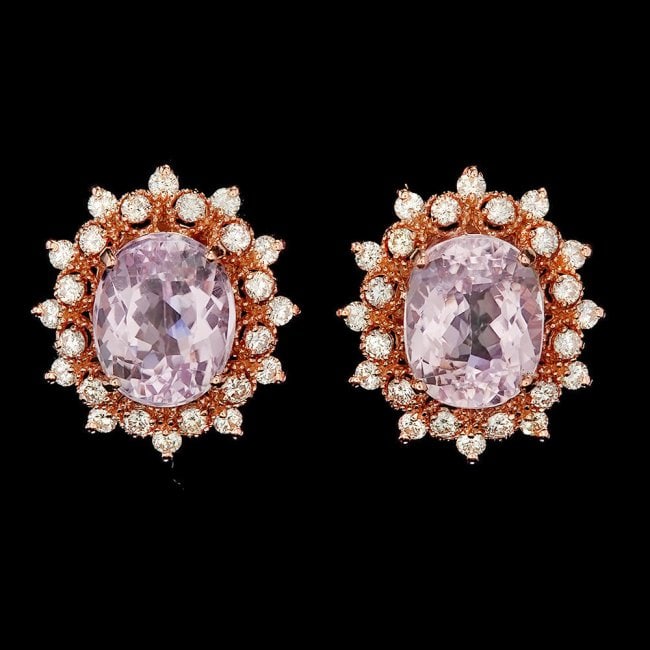 14k Rose 10.00ct Kunzite 1.35ct Diamond Earrings: Retail: $8,900.00 ****** 14k Rose 10.00ct Kunzite 1.35ct Diamond Earrings ****** Metal: 14k Solid Rose Gold / Total Item Weight: 7.5 grams / Country Made: United States / / Main Stone: Kunzite / Color