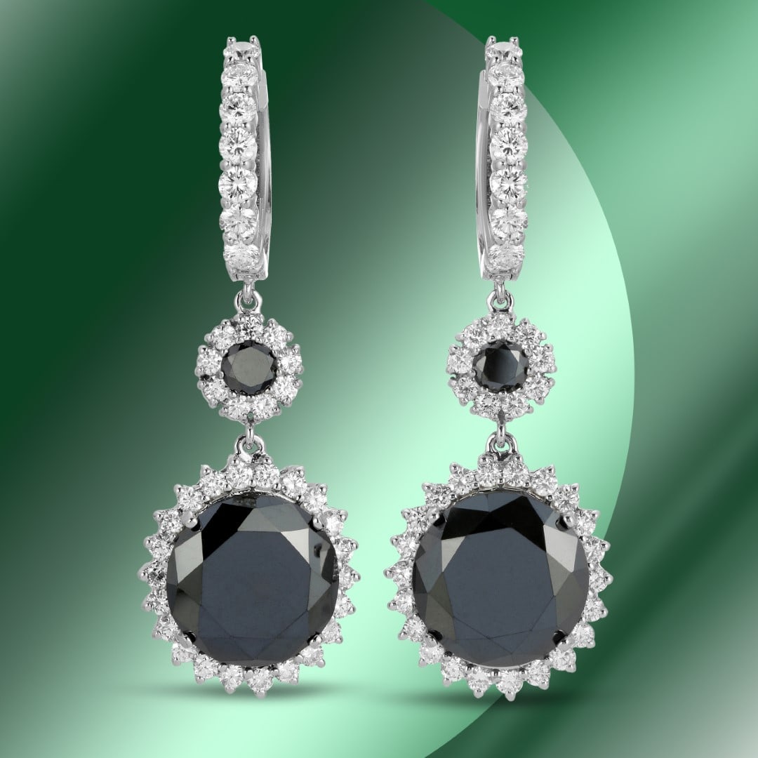 14K Gold 22.28cts Black Diamond Earrings: Retail: $27,938***** 14K Gold 22.28cts Black Diamond Earrings****** Metal: 14K White Gold/ Total Wt.: 17.8g/ Country Made USA// Main Stone: Diamond / Carat Total Wt: 18.40cts / Treatment: None/ Color: