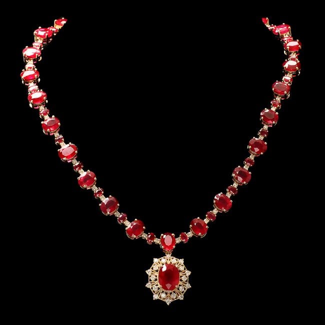 14k Yellow Gold 80ct Ruby 3.00ct Diamond Necklace: Retail: $42,800.00 ****** 14k Yellow Gold 80ct Ruby 3.00ct Diamond Necklace ****** Metal: 14k Solid Yellow Gold / Size: 17.5 / Total Item Weight: 53.5 grams / Country Made: United States / / Main Ston