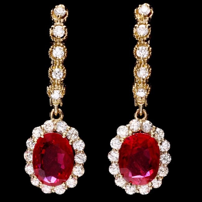 14k Gold 5.00ct Ruby 1.45ct Diamond Earrings: Retail: $8,900.00 ****** 14k Gold 5.00ct Ruby 1.45ct Diamond Earrings ****** Metal: 14k Solid Yellow Gold / Total Item Weight: 5.5 grams / Country Made: United States / / Main Stone: Ruby / Color: Red
