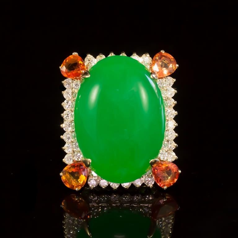 14K Gold 25.75ct Jadeite, 2.50ct Orange Sapphire 1.85ct Diamond Ring: Retail: $18,590.00 ****** Jadeite, Orange Sapphire & Diamond Ring ****** Metal: 14K Solid Yellow Gold / Total Item Weight: 17.3 grams / Country Made: United States / / Main Stone: Jadeite/ Color: Gree