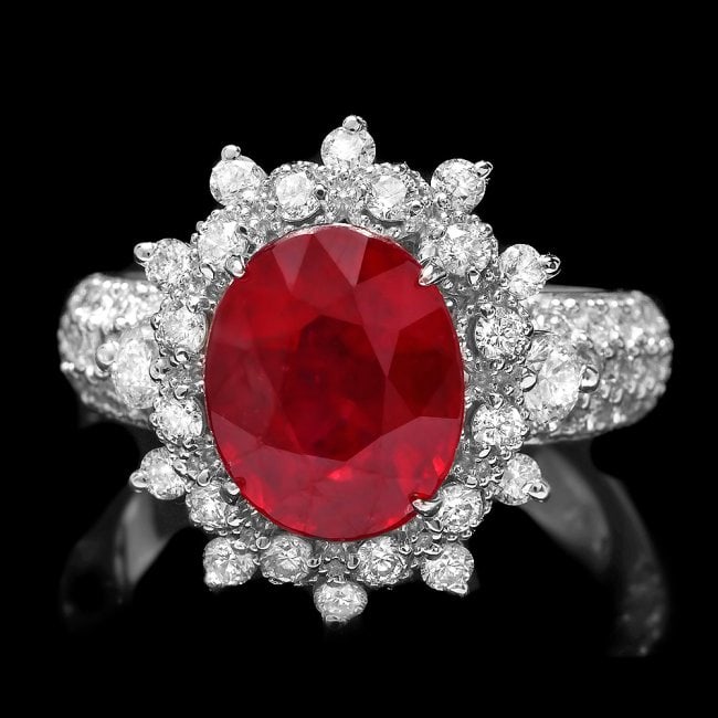 14k White Gold 4.50ct Ruby 1.50ct Diamond Ring: Retail: $7,800.00 ****** 14k White Gold 4.50ct Ruby 1.50ct Diamond Ring ****** Metal: 14k Solid White Gold / Size: 7.5 / Total Item Weight: 6.5 grams / Country Made: United States / / Main Stone: Ruby