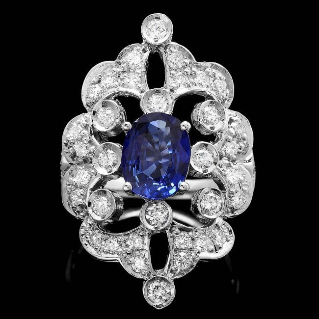 14k Gold 2.00ct Sapphire 1.30ct Diamond Ring: Retail: $9,750.00 ****** 14k Gold 2.00ct Sapphire 1.30ct Diamond Ring ****** Metal: 14k Solid White Gold / Size: 7.25 / Total Item Weight: 8.5 grams / Country Made: United States / / Main Stone: Sapph