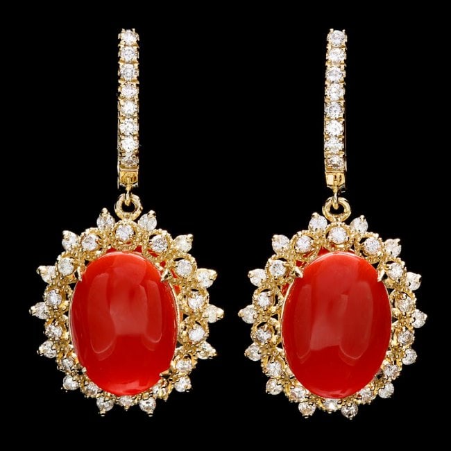 14k Gold 9.50ct Coral 1.65ct Diamond Earrings: Retail: $13,600.00 ****** 14k Gold 9.50ct Coral 1.65ct Diamond Earrings ****** Metal: 14k Solid Yellow Gold / Total Item Weight: 11.0 grams / Country Made: United States / / Main Stone: Coral / Color: